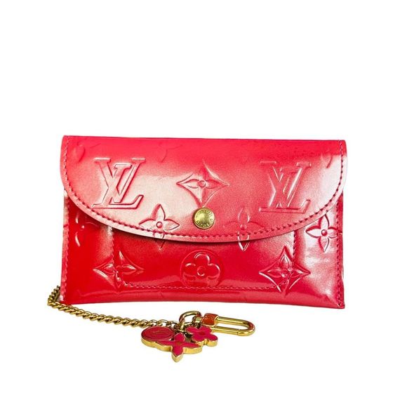 LOUIS VUITTON Vernis Envelope Plate Pouch Framboise Pink Gold Enamel Charms Card - Picture 1 of 9